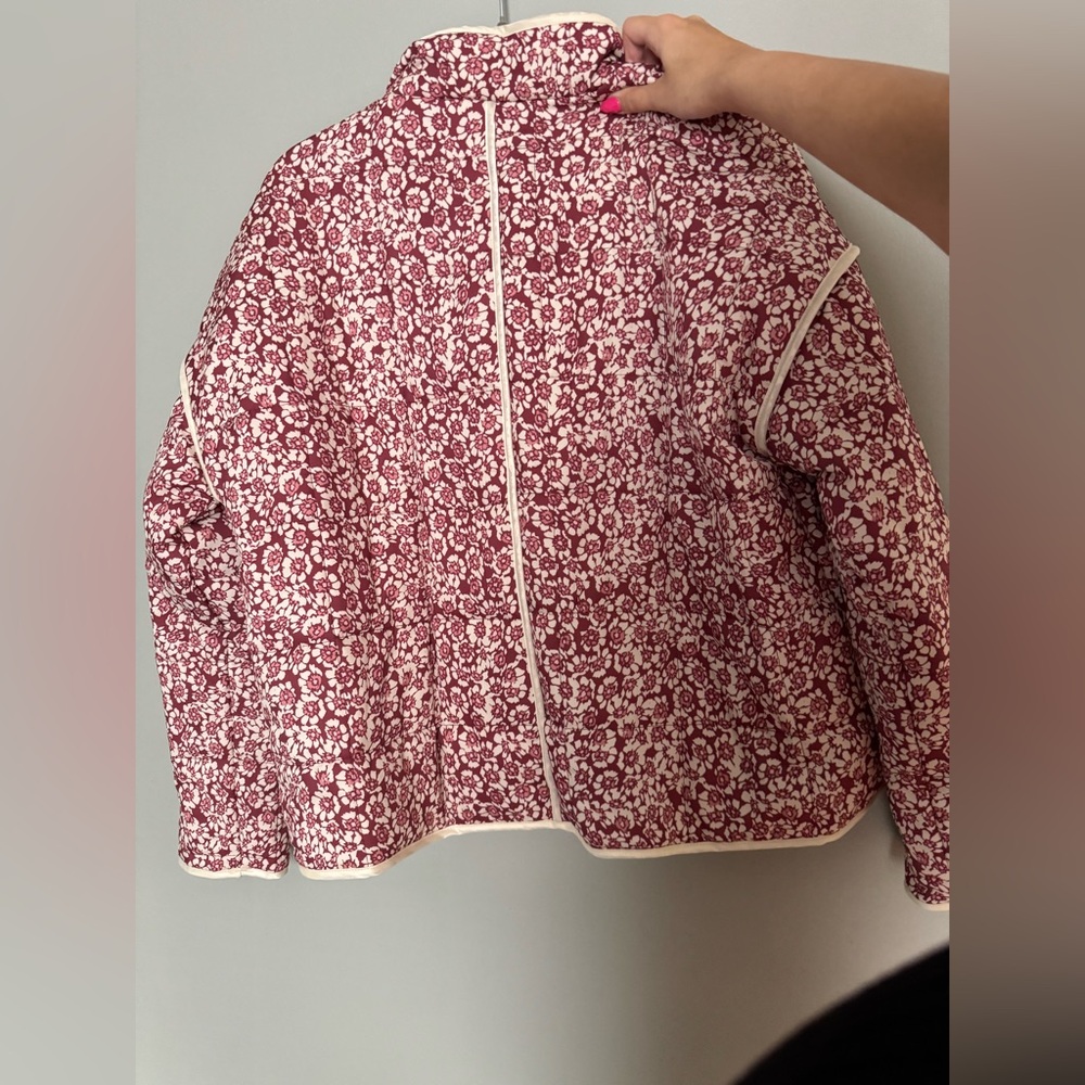 Floral Patterned Puffer Jacket - Burgundy and White - Picture 2 of 4